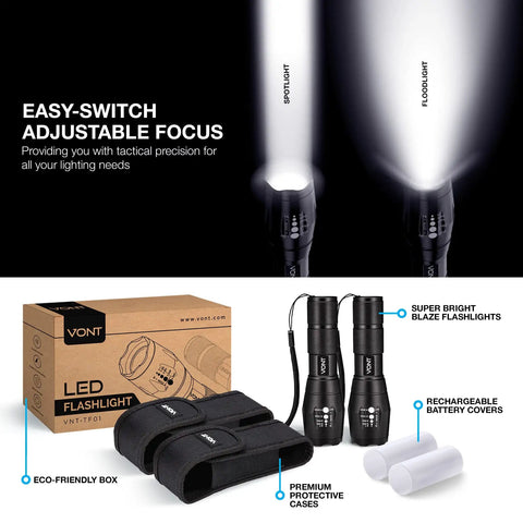 Two Pack Beefed Up LED Tactical Flashlights With Zoomable Beam, 5 Modes, High Lumen Power, accessories, and packaging.