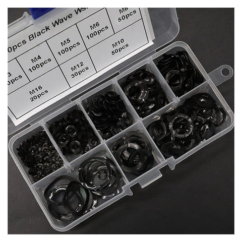 Heavy Duty Steel Ring Spring Washers Three Wave Gasket Kit 550 Pcs With M3 M4 M5 M6 M8 M10 M12 M16 Sizes Vibration Resistant Anti Loosening Hardware Gear Up For Electronics Machinery And Car Projects, black steel in organizer box