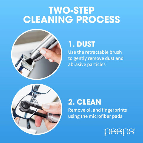 Peeps carbon microfiber eyeglass lens cleaner two-step infographic on blue gradient; shows retractable brush and pad.