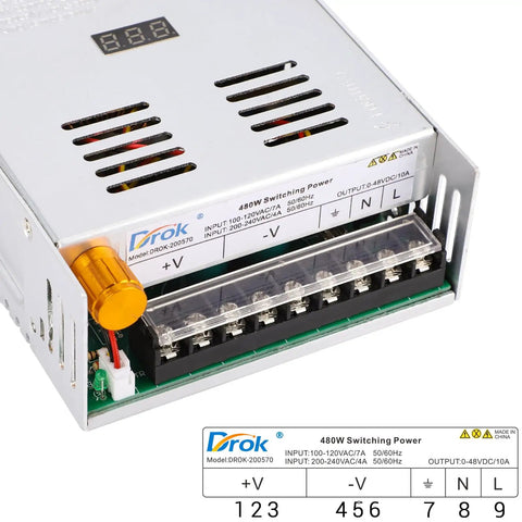 48V Variable DC Power Supply 0-48V 10A 480W AC To DC Converter with terminal connections and digital display