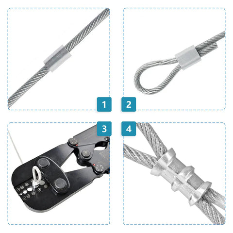 Top Tier Aluminum Wire Rope Stop Sleeves 1/16 Inch 1.5mm Crimp Loops 100 Pack with steel cable in use for secure rigging.