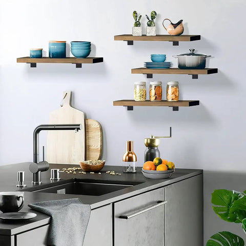 Legit Heavy Duty Floating Shelf Brackets 6 Pack With Mounting Hardware Solid Iron L Brackets For Wall Shelves Holds Up To 150 Pounds sleek shelves in a modern kitchen setting.