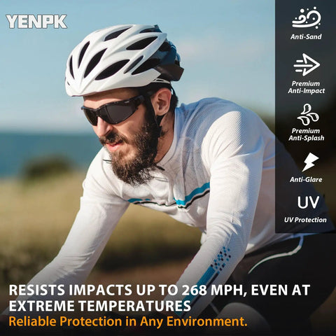 Premium Wrap Around Antifog Safety Glasses With Protective Eyewear And Foam Seal Gasket Offering Kick Ass Impact Shield And Snag Free Vision On Heavy Duty Worksites Daily, worn by cyclist outdoors.