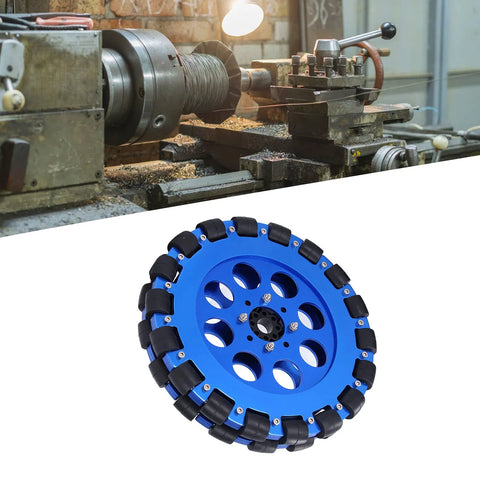 Tgoon Omni Wheel with blue aluminum hub and black roller segments; 8-inch omnidirectional wheel for DIY projects