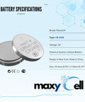 Straight Up Reliable Cr2450 Lithium Coin Cell Battery 3 Volt DC Power, showing MaxyCell CR2450 specifications and design details.