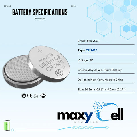 Straight Up Reliable Cr2450 Lithium Coin Cell Battery 3 Volt DC Power, showing MaxyCell CR2450 specifications and design details.