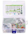 Complete DIY Electronics Components Kit Bundle With Resistors LEDs Capacitors Diodes Potentiometers PCBs And Ceramic Capacitors shown open