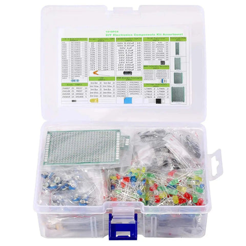 Complete DIY Electronics Components Kit Bundle With Resistors LEDs Capacitors Diodes Potentiometers PCBs And Ceramic Capacitors shown open