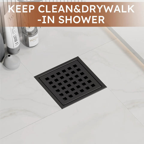 No Drama Matte Black 4 Inch Square Shower Drain Kit With Removable Grate seamless hair catcher installed in tiled shower floor.