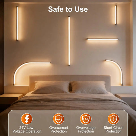 LED Recessed Lighting Kit for Slat Wall Panels with 6PCS Dimmable 3000K lights showcased on a bedroom wall.