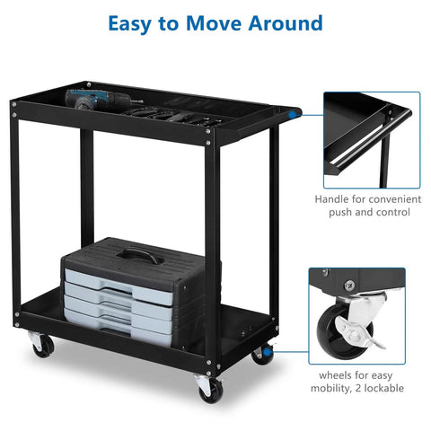 Heavy Duty Two Tier Rolling Tool Cart With Dual Brakes Built Tough Solid Steel Commercial Utility Organizer That Rolls Smooth For Garage And Auto Shop 250 Lb Capacity