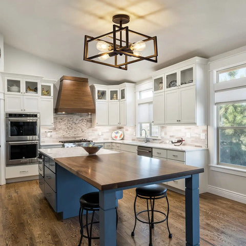 Kitchen with Four Light Black Industrial Flush Mount Ceiling Light Fixture For Kitchen Island And Dining Room Farmhouse Style.