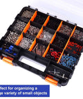 Double Sided Parts Organizer With Removable Dividers, 34 Compartment Storage Bins for hardware and small tools, top view.