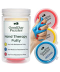 Hand Therapy Putty 3 Piece Set for Grip Strength, Stress Relief and Sensory Therapy for Adults, blue putty in hand, 3 resistance lids