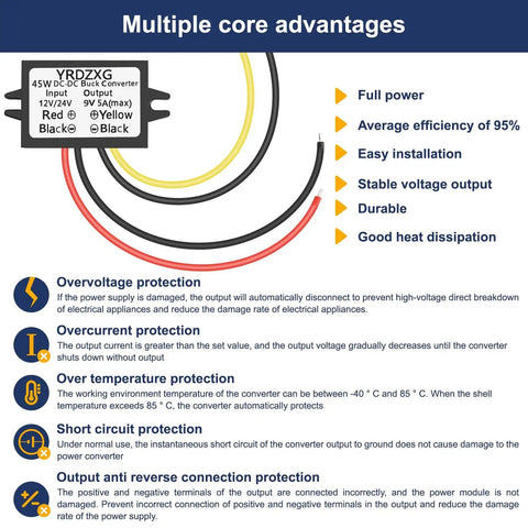 Diagram of a Waterproof Car Mounted Buck Converter From 12V 24V To 9V 5A 45W DC Step Down Regulator with protective features labeled.
