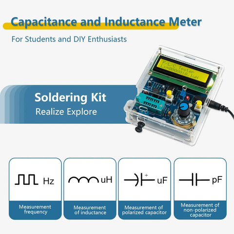 Ultimate Soldering Practice Kit With An All In One Capacitance And Frequency Meter, visible components and measurement symbols