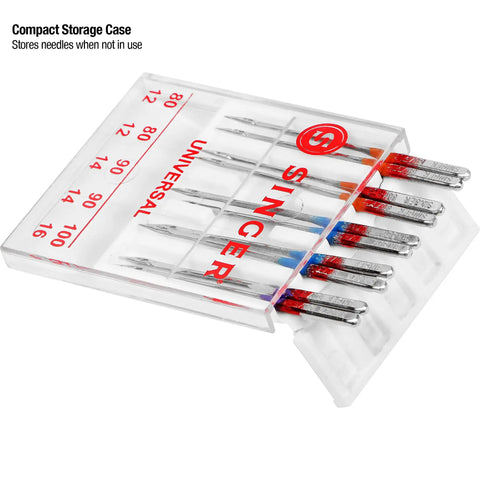 Universal Regular Point Sewing Machine Needles Set for Woven Fabrics Assorted Sizes 80 12 90 14 100 16 Two Packs Compatible With Most Machines Like Brother Kenmore Color Coded for Easy Size Pick and Smooth Stitching compact storage case with assorted needles