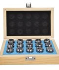 WALFRONT ER25 Spring Collet Set 15pc Carbon Steel Chuck Kit 2-16mm in a wooden box, displaying precision machined collets.