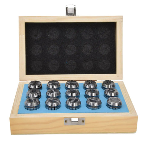 WALFRONT ER25 Spring Collet Set 15pc Carbon Steel Chuck Kit 2-16mm in a wooden box, displaying precision machined collets.