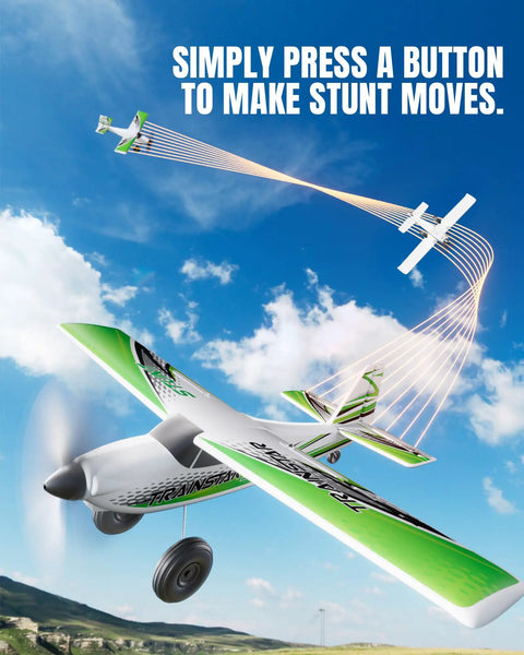 TrainStar 500mm Brushless RC Plane Ready To Fly With 6 Axis Gyro, Green, performing aerobatic stunts in a clear sky.