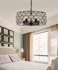 Five Light Drum Crystal Chandelier With K9 Crystals In Rustic Retro Style Ceiling Pendant, installed in a bedroom.