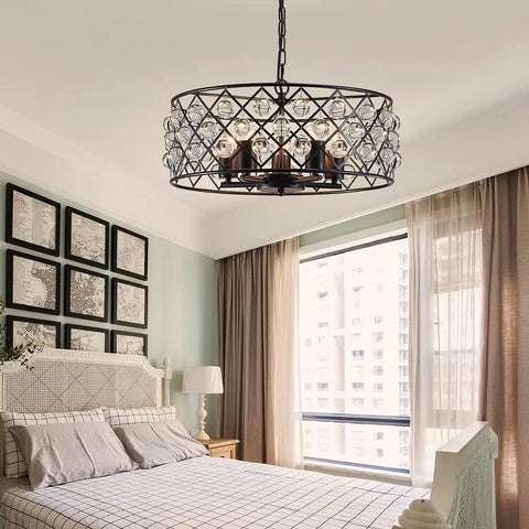 Five Light Drum Crystal Chandelier With K9 Crystals In Rustic Retro Style Ceiling Pendant, installed in a bedroom.