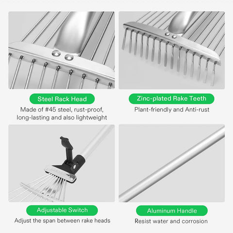Steel rack head and zinc-plated rake teeth with adjustable switch on Two Piece Adjustable Leaf Rake Set With Telescoping Handles And Collapsing Tines Designed For Yard Cleanup Garden Debris And Camping Raking 64 Inch And 30 Inch Rakes 15 Tine And 9 Tine Configurations.