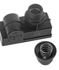 Two Pack AAA Battery Igniter Caps With Push Button Springs And Mounting Thread For Gas Fire Pit BBQ Grill Barbecue Spark Generator Replacement Easy Install Durable Caps, black plastic and steel, 18mm thread.
