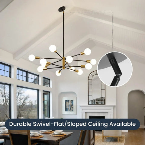 Modern Sputnik Chandelier Ceiling Light With 12 Lights In Gold And Black, shown in dining room with sloped ceiling.
