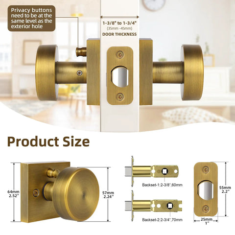 Vintage Style Brass Finish Square Door Knob With Privacy Lock, Interior Door Knob for Bedroom and Bathroom, product size details
