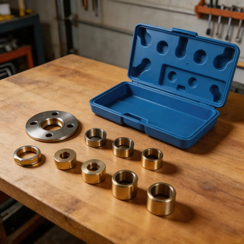 Top Shelf Ten Piece Brass Router Guide Bushing Set With Slick Acrylic Base Plate And Bullseye Centering Pin Metric 10mm To 30mm displayed with brass bushings and blue case.