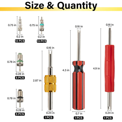 Pro Grade 39 Piece Air Conditioning Valve Core Kit components diagram with sizes for DIY techs, includes remover tools, Schrader valve cores.