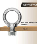 Four-Piece M12 X 20mm 304 Stainless Steel Eye Bolt Set Built Tough For Lifting With Shoulder Ring Heavy-Duty Threaded Eyebolts Includes Nuts And Washers For Indoor Outdoor Marine Use shown installed in wood displaying available thread length.