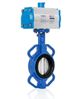 UNOX pneumatic butterfly valve with wafer body, front view, DN125 5 in, blue actuator, stainless steel disc, EPDM seat.