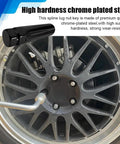 Close-up of 7 Spline Lug Nut Socket Wheel Lock Key Replacement in chrome-plated steel on aftermarket wheel