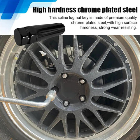 Close-up of 7 Spline Lug Nut Socket Wheel Lock Key Replacement in chrome-plated steel on aftermarket wheel