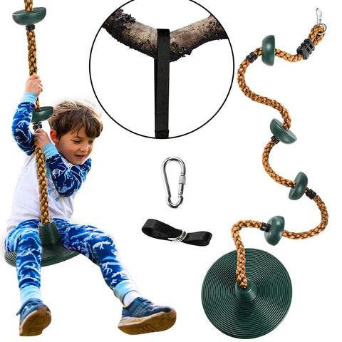 Child playing on Outdoor Climbing Rope With Platform And Disc Swing Seat Set For Trees And Backyards Includes Bonus Hanging Strap And Carabiner Secure Outdoor Swings For Home Gym Playground Up To 220 Lb Max Load Sweet Family Fun And Fitness.