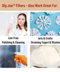 Big Joe Filters used for cleaning glass, arts and crafts, polishing surfaces, straining yogurt or ricotta, multi-purpose illustration.