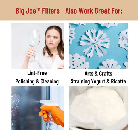 Big Joe Filters used for cleaning glass, arts and crafts, polishing surfaces, straining yogurt or ricotta, multi-purpose illustration.