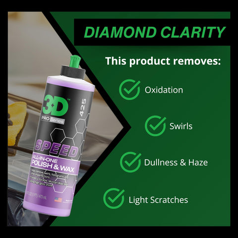 Product image of 3D Speed All-In-One Polish & Wax 16oz bottle highlighting removal of oxidation, swirls, dullness, and light scratches.
