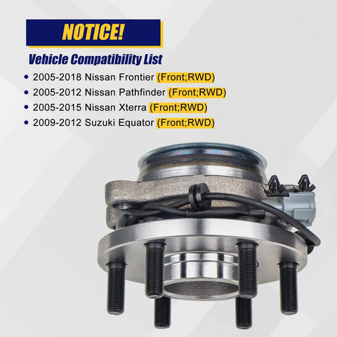 Front Wheel Bearing And Hub Assembly For 2WD And RWD Nissan Frontier 2005 To 2018, Pathfinder 2005 To 2012, Xterra 2005 To 2015, Suzuki Equator 2009 To 2012, 6 Lug Bolts, ABS Ready, 2 Pack displayed