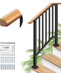 Heavy Duty 3 Step Outdoor Hand Rails For Stairs And Deck Rustproof Metal Build With Natural Wood Grain Finish, close-up of railing components.