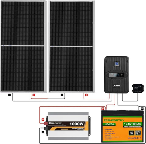 Plug And Play 390W Solar Panel Kit With 100Ah Lithium Battery 1000W Inverter 40A MPPT Charger showing panels, inverter, and battery.