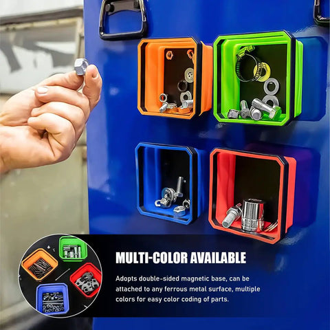 Multi-color collapsible magnetic parts tray with double-sided base holding screws and bolts on metal surface.