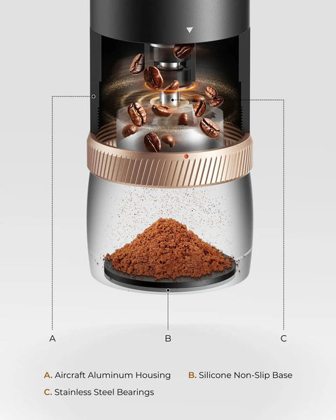 Portable Burr Coffee Grinder With 80 Precision Settings For Single Dose Brewing Compact Travel Mill showing aluminum housing and ground coffee.