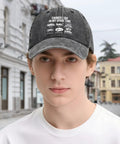 Person wearing Vintage Black Baseball Cap With Low Profile Curved Brim For RV Lovers And Caravan Travelers Casual Golf And Outdoor Leisure Dad Hat Funny Things I Do In My Spare Time Cap