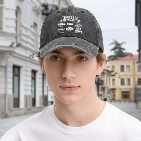 Person wearing Vintage Black Baseball Cap With Low Profile Curved Brim For RV Lovers And Caravan Travelers Casual Golf And Outdoor Leisure Dad Hat Funny Things I Do In My Spare Time Cap