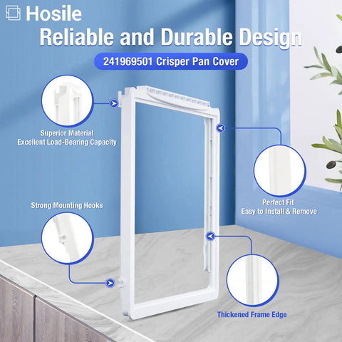 Crisper Pan Cover Replacement For Frigidaire Refrigerators 241969501 shown with mounting hooks and frame edge features