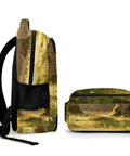 Side view of Mossy Forest Mushroom Printed Unisex Backpack Large Capacity Durable Polyester Daypack with nature theme print.