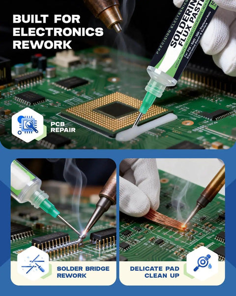 Applying Lead-Free Rosin No Clean Solder Flux Paste For Electronics Repair to a circuit board using 10cc syringe